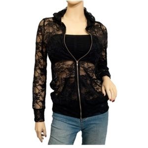 Jr Plus Size Lace Zipper Front Hoodie Black
